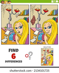 Cartoon illustration of finding the differences between pictures educational task with girl and mess in her room