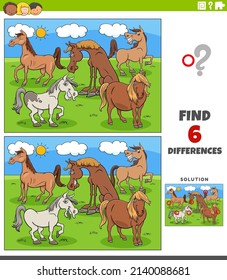 Cartoon illustration of finding the differences between pictures educational game for children with funny horses farm animal characters