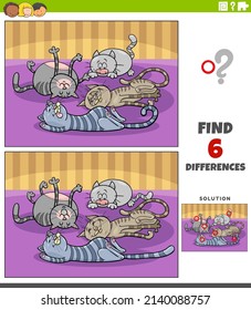 Cartoon illustration of finding the differences between pictures educational game for children with sleeping cats characters group