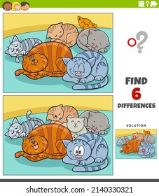 Cartoon illustration of finding the differences between pictures educational game for children with sleeping cats or kitten characters group