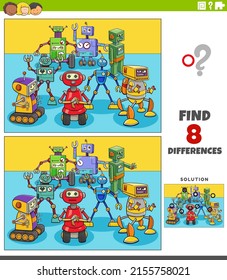 Cartoon illustration of finding the differences between pictures educational game for children with robots characters group