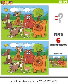 Cartoon illustration of finding the differences between pictures educational game with happy dogs animal characters group