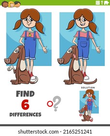 Cartoon illustration of finding the differences between pictures educational game with girl and her dog