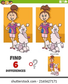 Cartoon illustration of finding the differences between pictures educational game with teen girl and her poodle dog