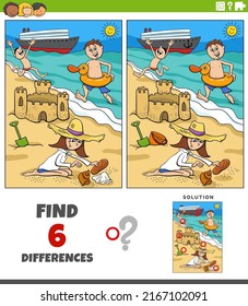 Cartoon illustration of finding the differences between pictures educational game with children on the beach at the seaside