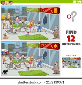 Cartoon illustration of finding the differences between pictures educational game with situation in the city