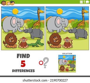 Cartoon illustration of finding the differences between pictures educational game with Safari animal characters