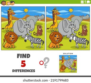 Cartoon illustration of finding the differences between pictures educational game with wild animal characters