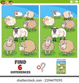 Cartoon illustration of finding the differences between pictures educational game with sheep farm animal characters