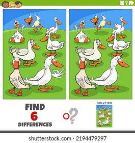 Cartoon illustration of finding the differences between pictures educational game duck birds farm animal characters