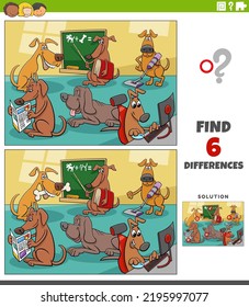 Cartoon illustration of finding the differences between pictures educational game with funny dogs animal characters group