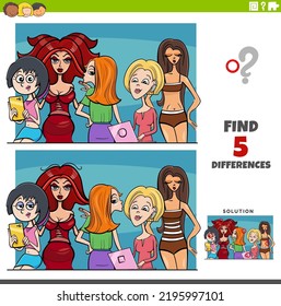 Cartoon illustration of finding the differences between pictures educational game with comic woman characters group
