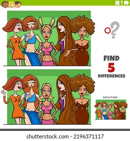 Cartoon illustration of finding the differences between pictures educational game with comic women group