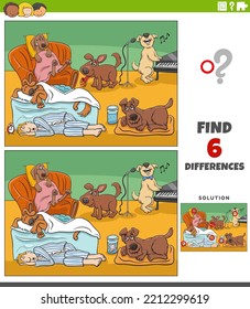 Cartoon illustration of finding the differences between pictures educational task with comic dogs animal characters group