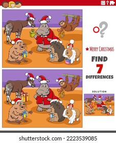 Cartoon illustration of finding differences between pictures educational task for children with animal characters on Christmas time