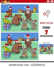 Cartoon illustration of finding differences between pictures educational game for children with funny animal characters on Christmas time