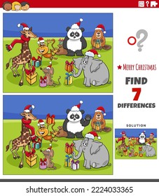 Cartoon illustration of finding differences between pictures educational activity for children with animal characters on Christmas time