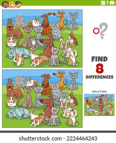 Cartoon illustration of finding the differences between pictures educational game with funny dogs and cats and rabbits animal characters group