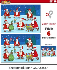 Cartoon illustration of finding differences between pictures educational game for children with Santa Clauses characters on Christmas time