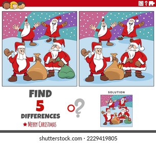 Cartoon illustration of finding differences between pictures educational task for children with Santa Clauses characters on Christmas time