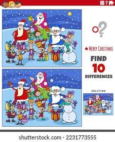 Cartoon illustration of finding differences between pictures educational game with Santa Clauses characters on Christmas time