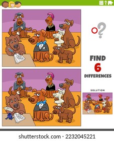 Cartoon illustration of finding the differences between pictures educational game with comic dogs animal characters group