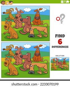Cartoon illustration of finding the differences between pictures educational task with funny dogs animal characters group