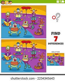 Cartoon illustration of finding the differences between pictures educational game with funny clowns characters group