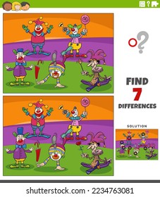 Cartoon illustration of finding the differences between pictures educational task with funny clowns characters group