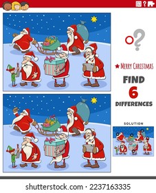 Cartoon illustration of finding differences between pictures educational game for children with Santa Clauses characters on Christmas time