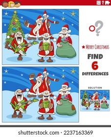 Cartoon illustration of finding differences between pictures educational task for children with Santa Clauses characters singing Christmas carol