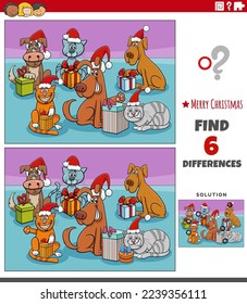 Cartoon illustration of finding differences between pictures educational task with pets on Christmas time with gifts