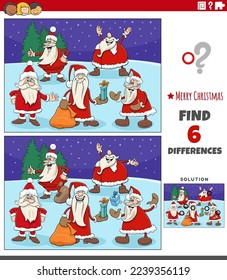 Cartoon illustration of finding differences between pictures educational game with Santa Clauses comic characters on Christmas time