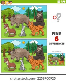 Cartoon illustration of finding the differences between pictures educational game with wild animal characters group