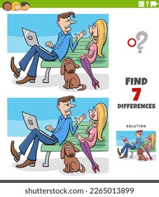 Cartoon illustration of finding the differences between pictures educational game with couple on a bench in the park with dog