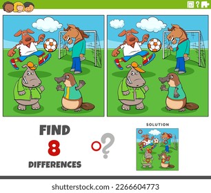 Cartoon illustration of finding the differences between pictures educational task with comic animal characters playing soccer