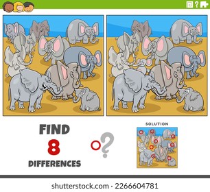 Cartoon illustration of finding the differences between pictures educational game with elephants animal characters