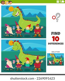 Cartoon illustration of finding the differences between pictures educational game with fantasy characters group