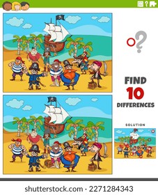 Ilustración de caricatura de encontrar las diferencias entre imágenes juego educativo con piratas grupo de personajes en la isla del tesoro