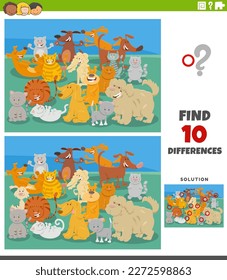 Cartoon illustration of finding the differences between pictures educational game with funny cats and dogs characters