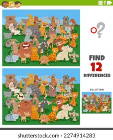 Cartoon illustration of finding the differences between pictures educational task with funny cats and dogs characters