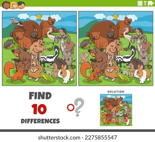 Cartoon illustration of finding the differences between pictures educational game with comic animal characters