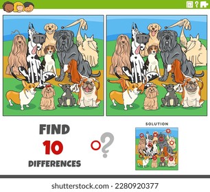 Cartoon illustration of finding the differences between pictures educational game with purebred dogs animal characters