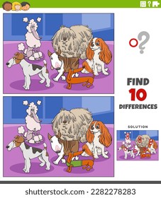 Cartoon illustration of finding the differences between pictures educational game with purebred dogs animal characters