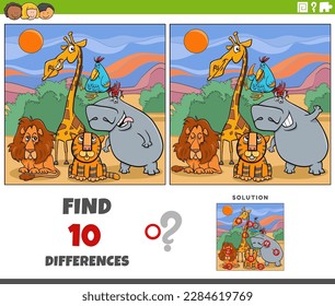 Ilustración de caricatura de encontrar las diferencias entre imágenes de juego educativo con el grupo de personajes de animales Safari