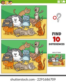 Cartoon illustration of finding the differences between pictures educational game with cats animal characters group