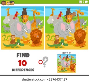 Cartoon illustration of finding the differences between pictures educational game with funny wild animal characters