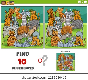 Cartoon illustration of finding the differences between pictures educational game with cats animal characters