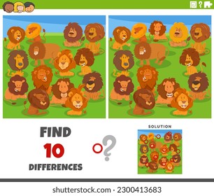 Cartoon illustration of finding the differences between pictures educational game with funny lions animal characters
