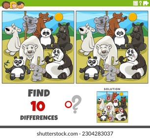 Cartoon illustration of finding the differences between pictures educational game with bears animal characters